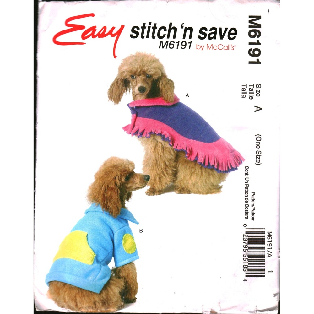 McCall's M6191 Easy‎ Stitch n Save Dog Poncho and Top Sewing Pattern All Sizes